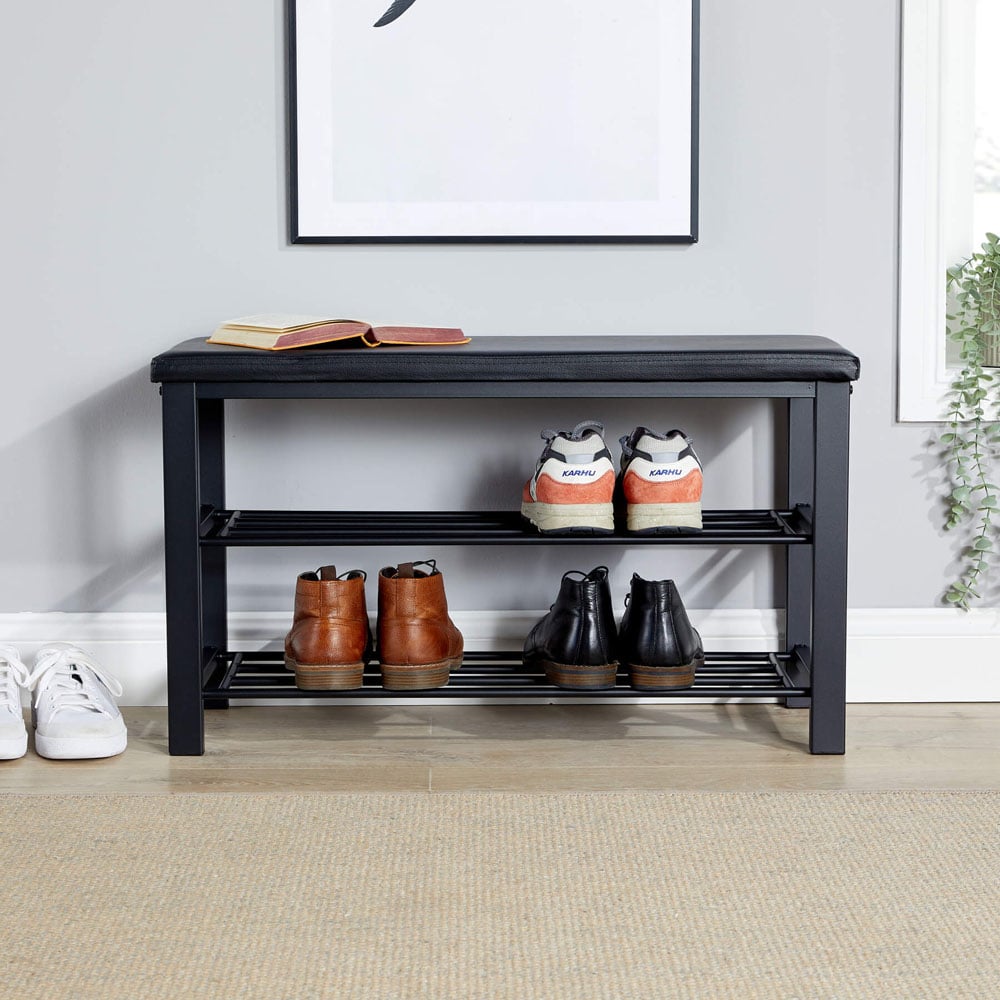Home Source Sleaford 2 Shelf Black PU Upholstered Metal Shoe Bench Image 5