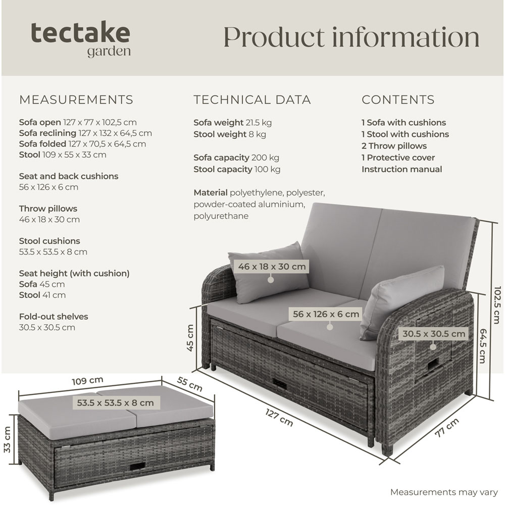 tectake Crete 2 Seater Grey Reclining Garden Sofa Image 9