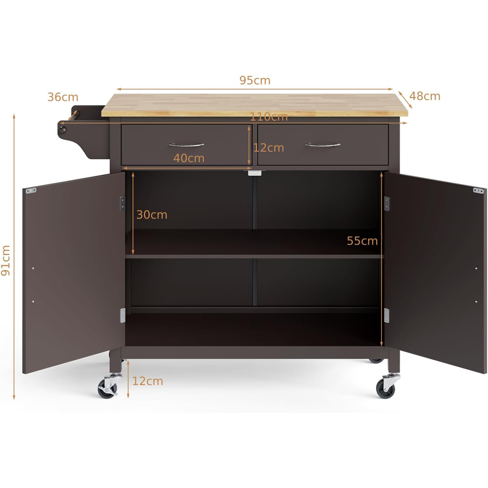 Costway 2 Door 2 Drawer Brown Rolling Kitchen Island Cart Image 8