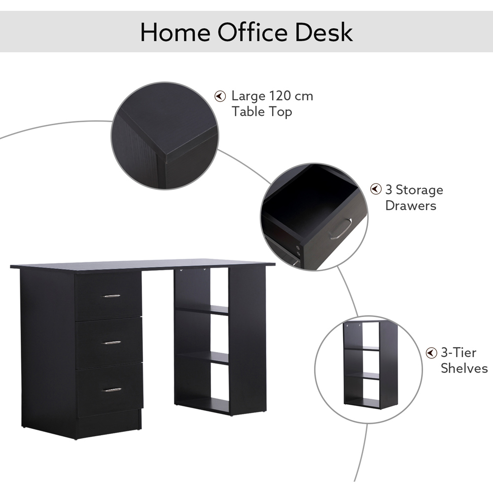 Portland 3 Drawer 3 Shelf Modern Style Computer Desk Black Image 4