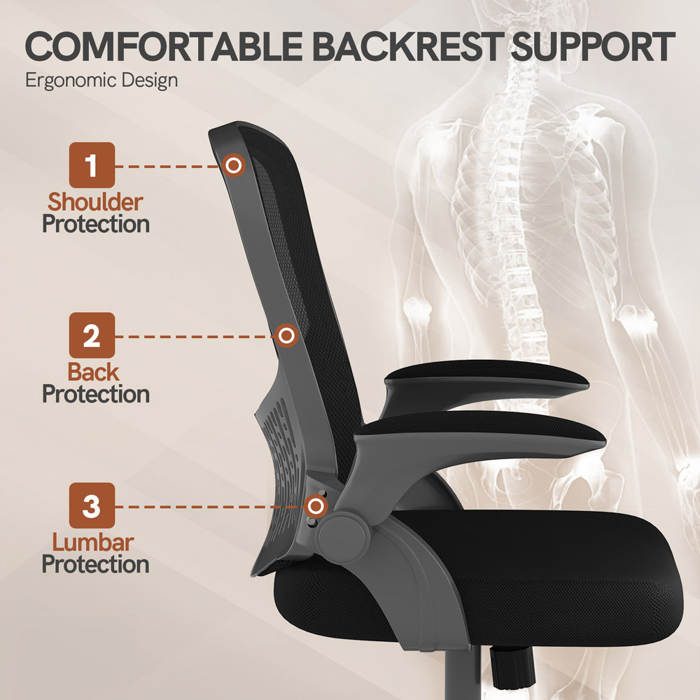 Rattrix Black Mid-Back Mesh Office Chair with Flip-Up Armrests and Lumbar Support Image 4