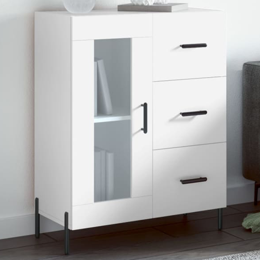 vidaXL Single Glass Door 3 Drawer White Sideboard Image 1