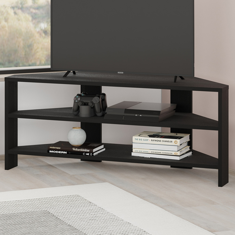 Decortie Thales 2 Shelf Black Wood Modern Corner TV Unit Image 1