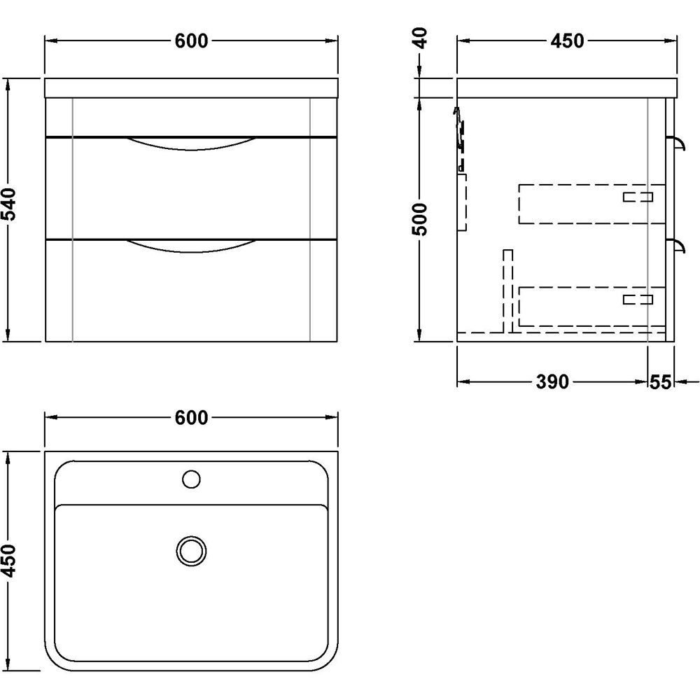 nuie Parade 2 Drawer Satin Green Wall Hung Vanity Unit and 1 Tap Hole Polymarble Basin 600mm Image 3