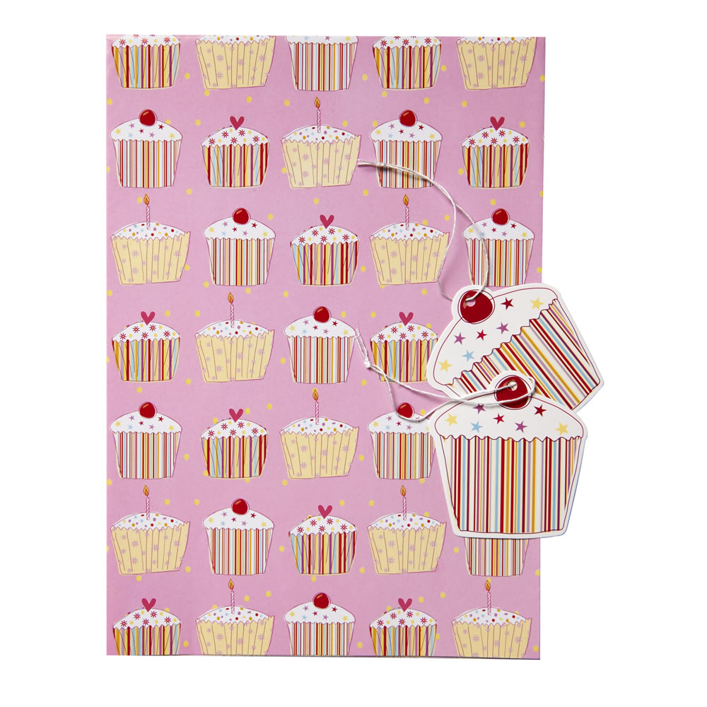 Wilko Pink Cupcakes Gift Wrap 2 Sheets and 2 Tags Image