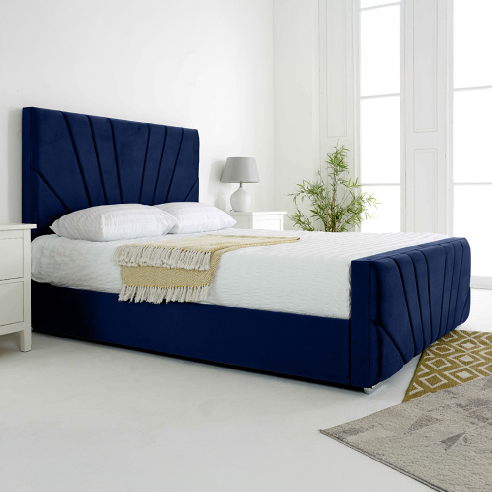 Eleganza Scarlett Single Blue Plush Velvet Bed Frame with Headboard and Footboard Image 1