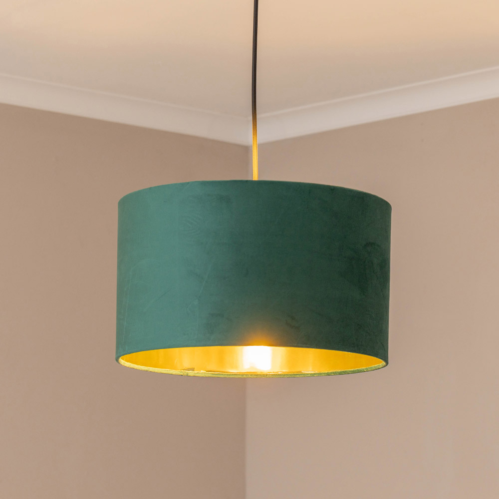 ValueLights Reni Green Velvet and Gold Inner Drum Ceiling Lamp Shade 35cm Image 3