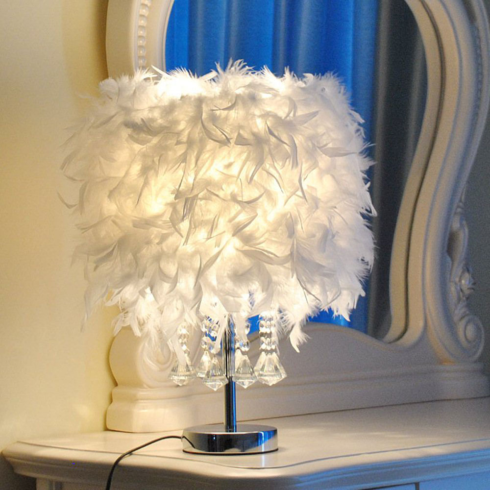 Living and Home LED Table Lamp with Transparent Crystals Feather Lampshade Image 2