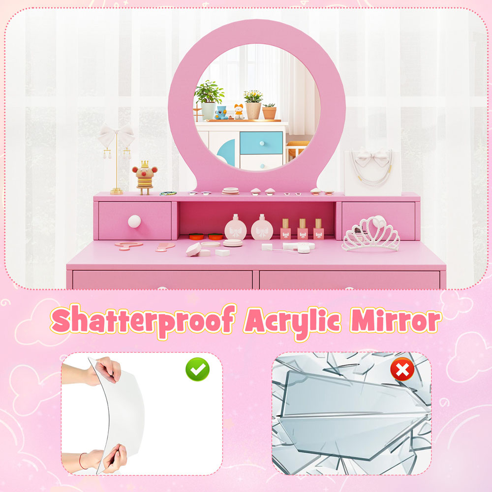 Costway 4 Drawer Single Shelf Pink Kids Vanity Set Image 6
