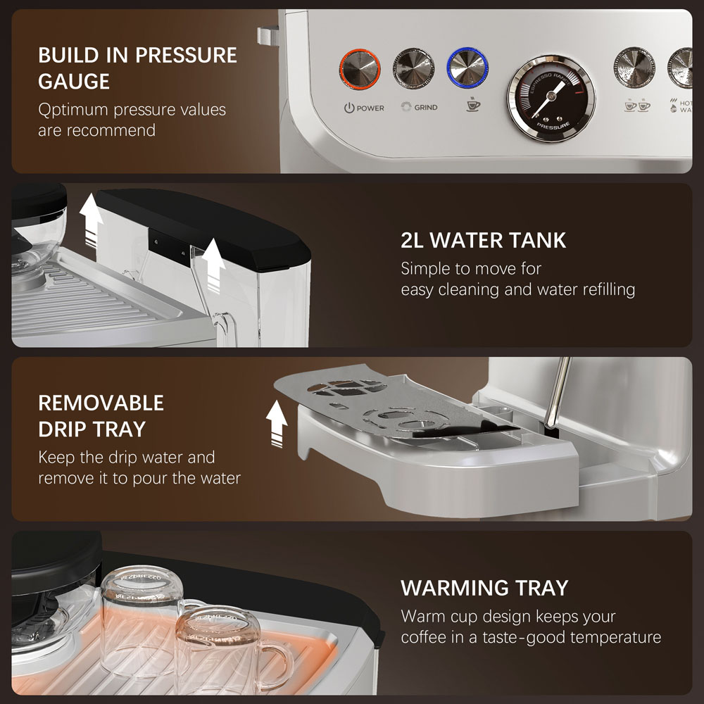 HOMCOM 800-197V70SR Silver 15 Bar Pressure Espresso Machine with Bean Grinder and Steam Wand Image 8