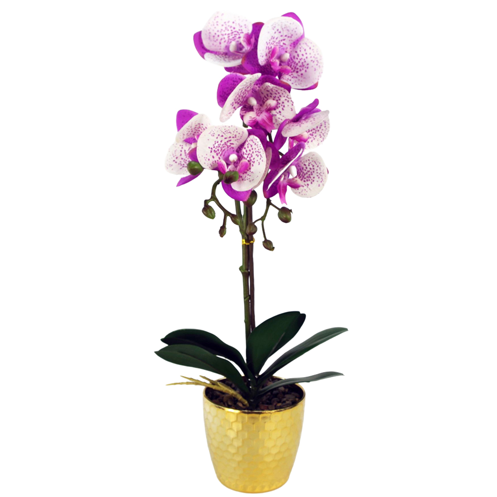 Leaf Purple and White Phalaenopsis Orchid Artificial Plant in Gold Pot 50cm Image 1