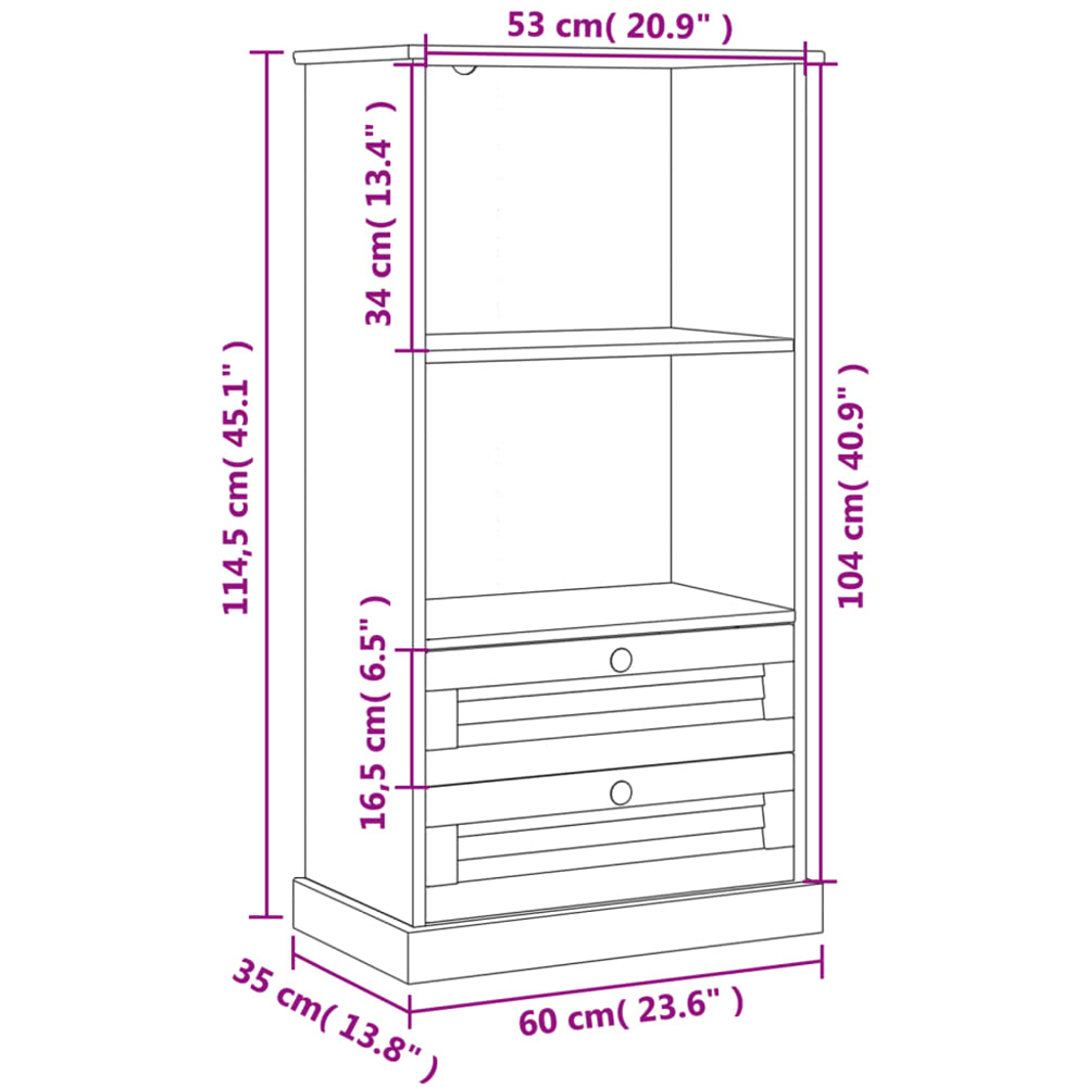 vidaXL Vigo 2 Drawer 2 Shelf White Solid Pine Wood Bookcase Image 9