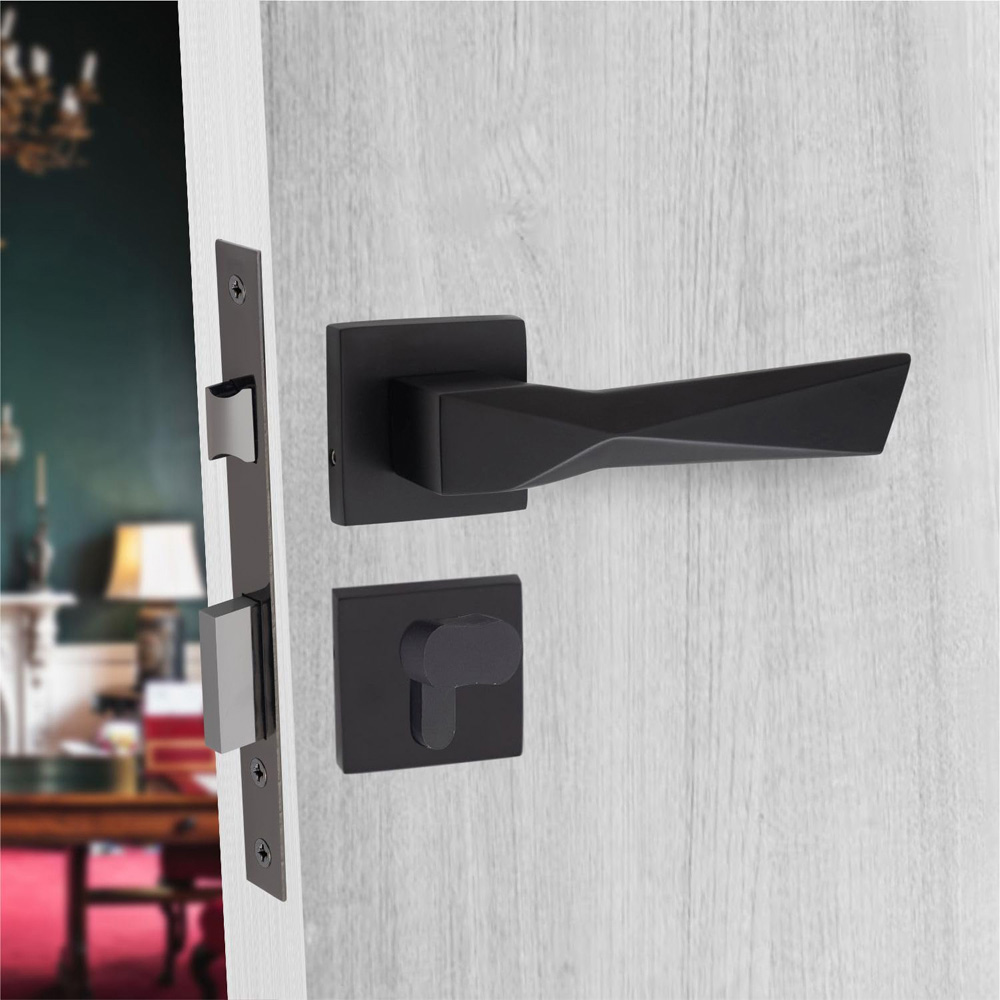 Golden Grace Matt Black Aura Euro Lock Door Handle Set Image 3