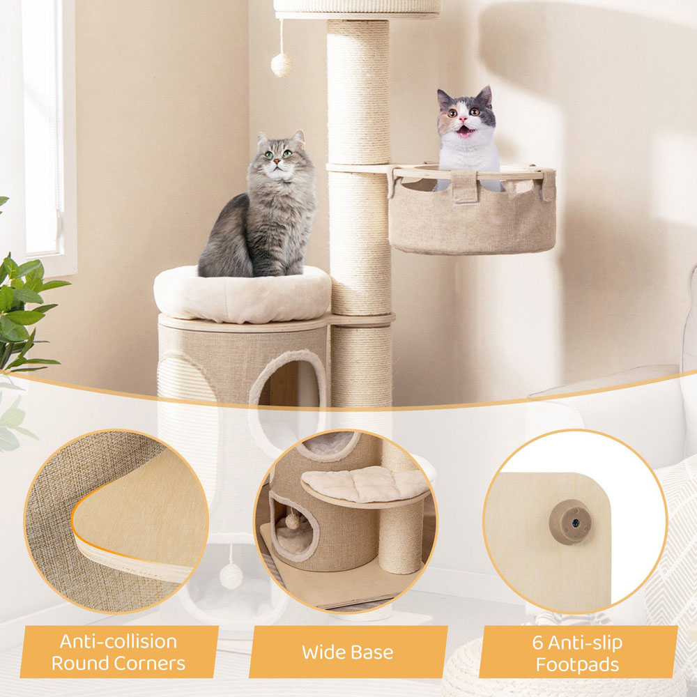 Costway Natural Multi Level Cat Tree with 2 Storey Condo 154cm Image 7