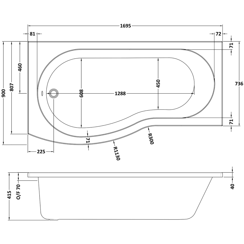nuie 1700mm Left Hand B-Bath with Panel and Chrome Screen Image 2