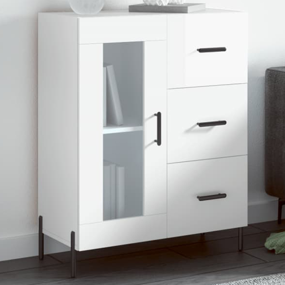 vidaXL Single Door 3 Drawer High Gloss White Sideboard Image 1