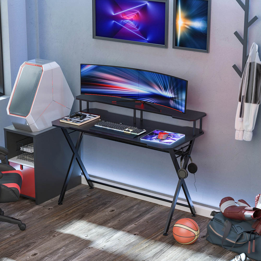 Portland 2 Tier Gaming Computer Desk and Workstation Black Image 3