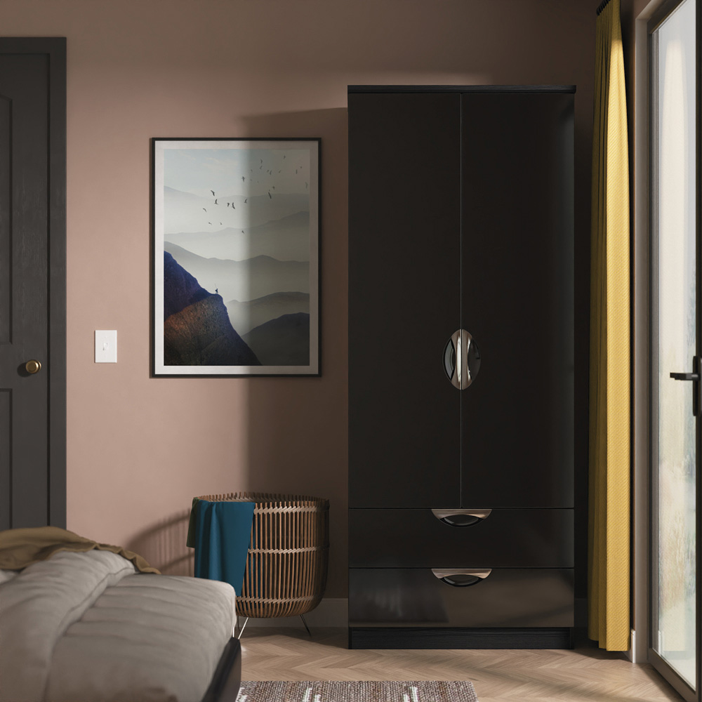 Crowndale Camden 2 Door 2 Drawer Black Gloss and Black Wardrobe Ready Assembled Image 6