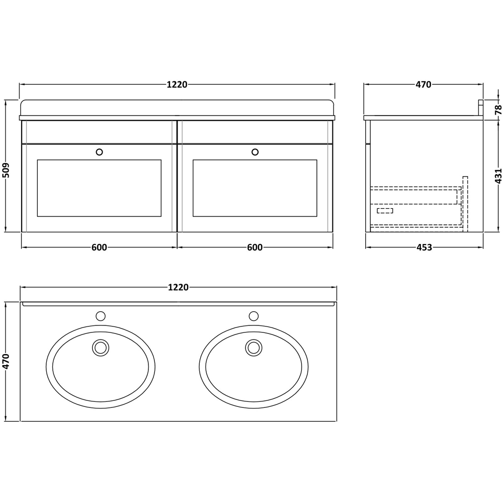 nuie Classique 2 Drawer Soft Black and Grey Wall Hung Unit and 1 Tap Hole Marble Basin 1200mm Image 3