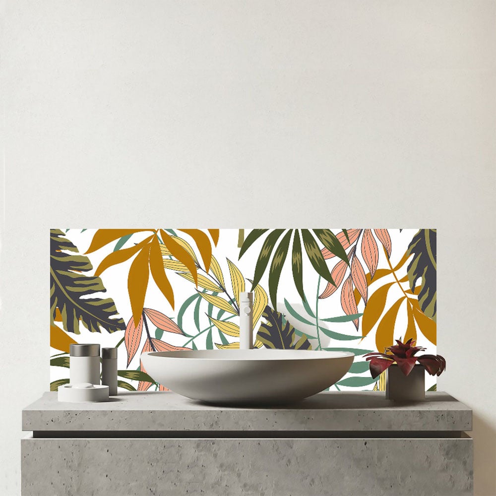 Warren Reed Designer Tropical Leaves Glass Bathroom Splashback 25 x 60cm Image 1