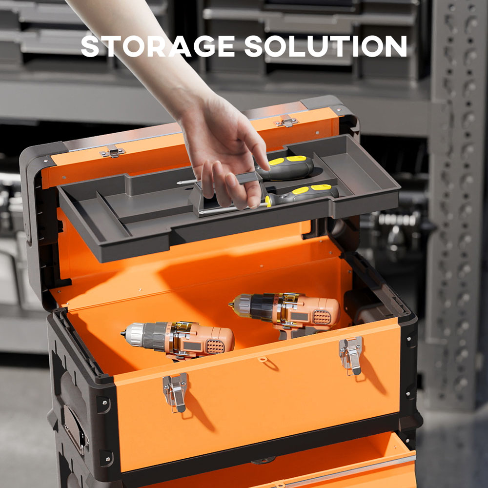 HOMCOM 3 Tier Orange Stackable Steel Tool Box with Wheels Image 6