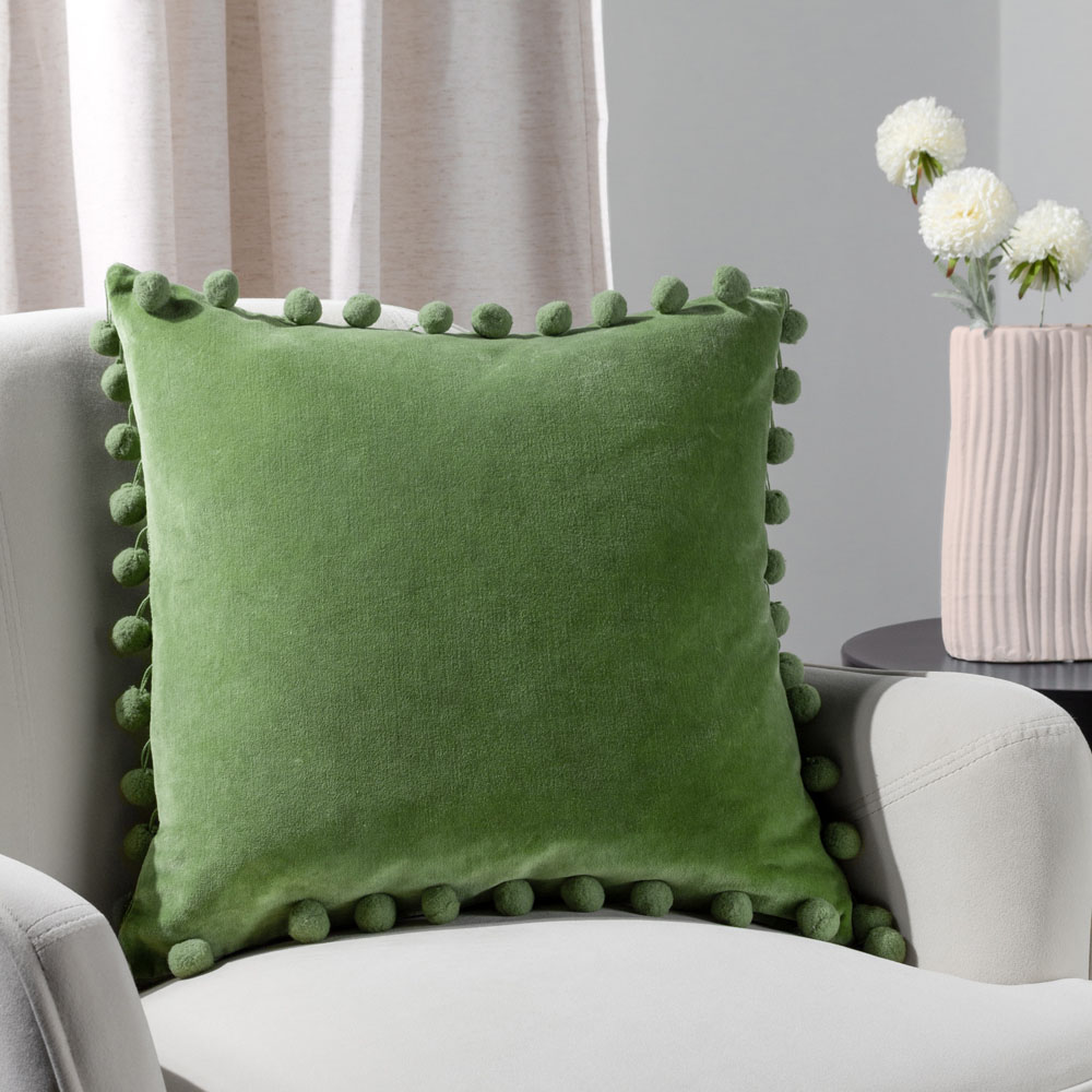 furn. Dora Square Leaf Green Velvet Pom Pom Cushion Image 2