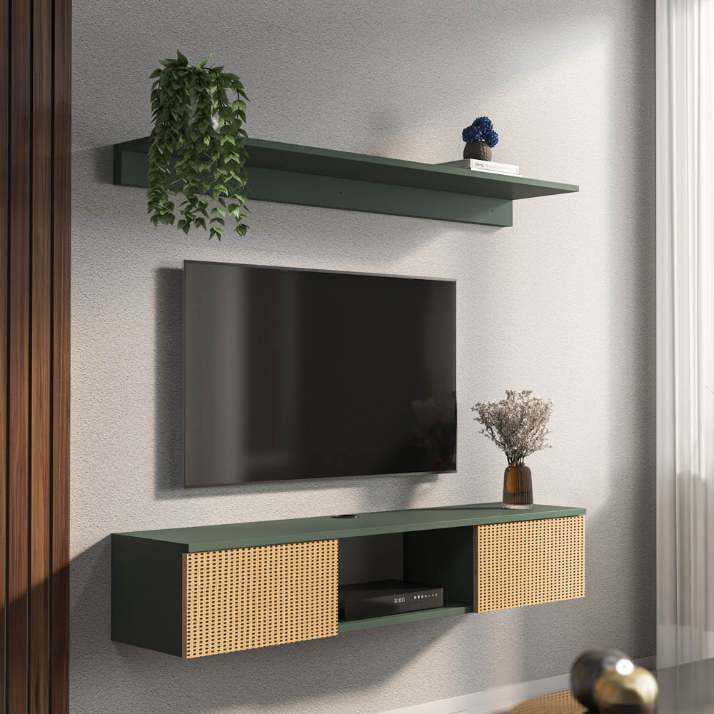 Decorotika Elia 2 Door Single Shelf Silva and Hazeran Floating TV Unit with Wall Shelf Image 5