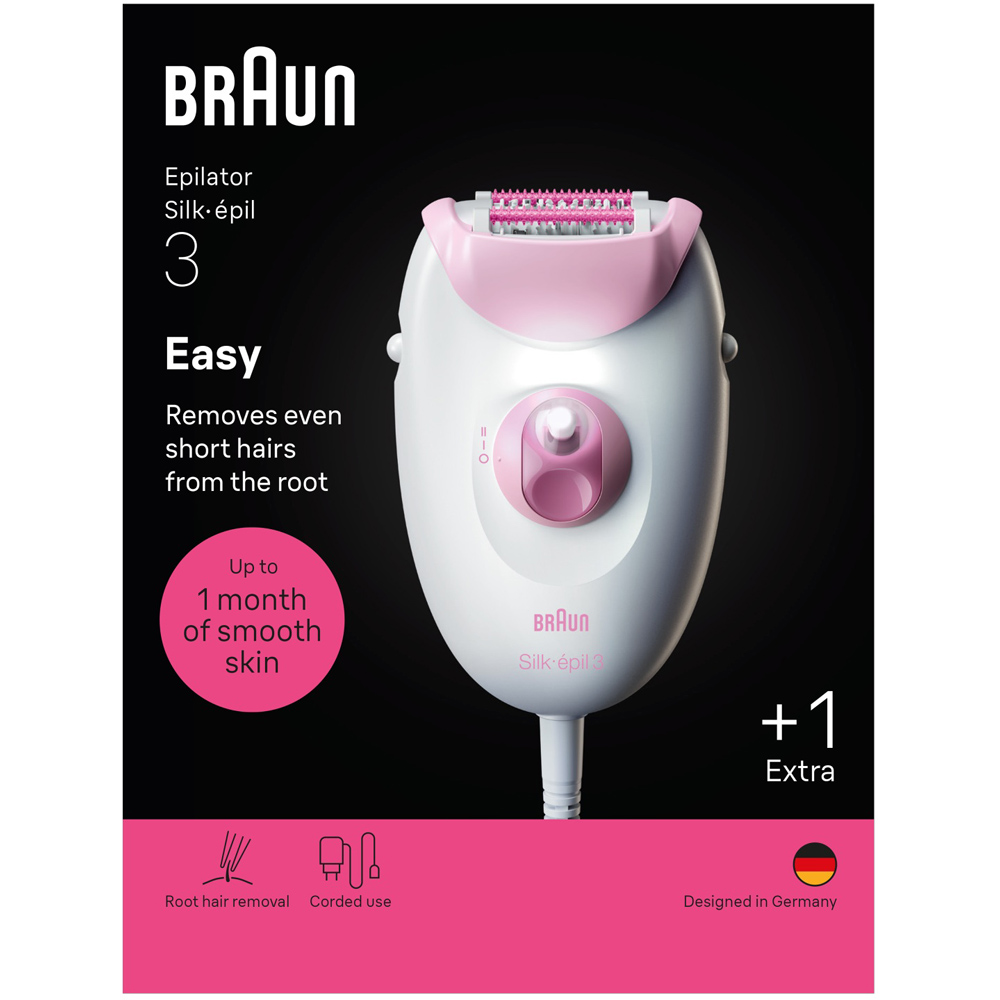 Braun Silk·épil 3 Pink Corded Hair Removal Epilator with Bikini Trimmer and Cleaning Brush Image 3