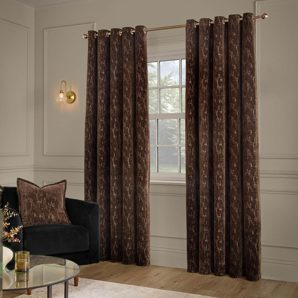Paoletti Aurelio Chocolate Chenille Lined Eyelet Curtains 168 x 137cm Image 1