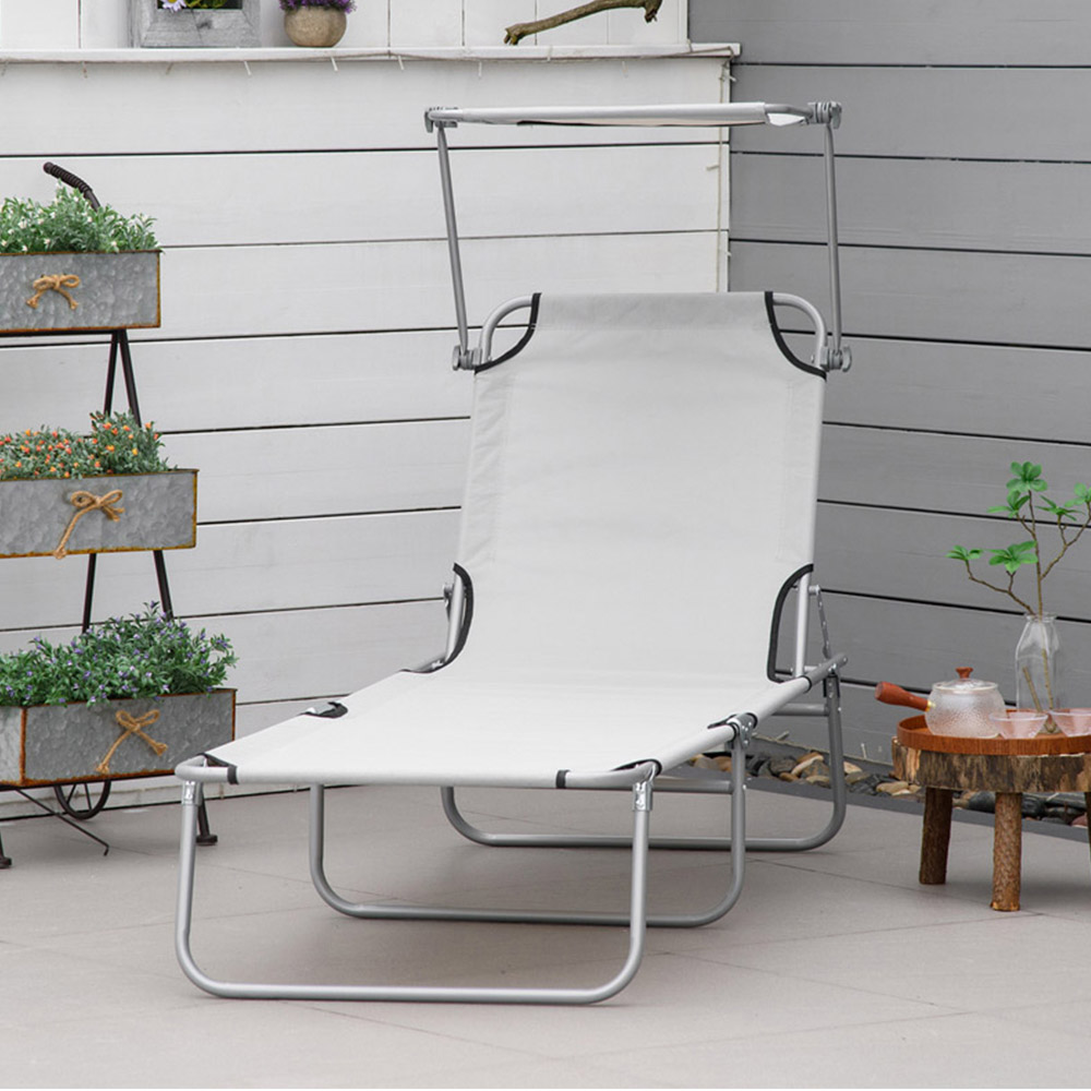 Outsunny Light Grey Adjustable Folding Sun Lounger with Awning Image 1