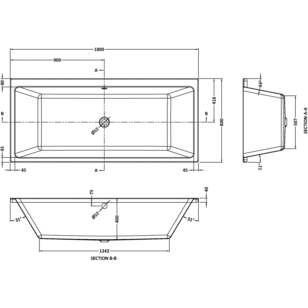 nuie Thin Edge Square Double Ended Bath and Leg Set 1800 x 800mm Image 2