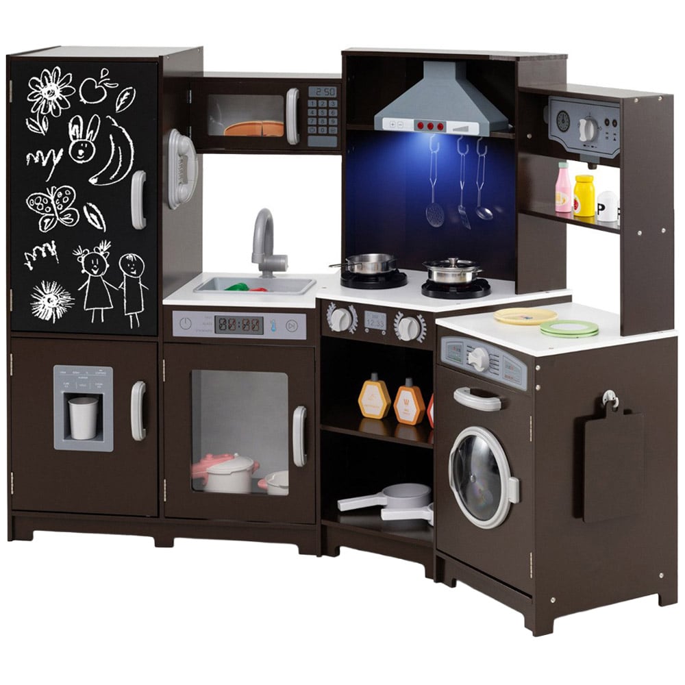 Costway Kids Espresso Wooden Corner Kitchen Playset with Lights and Sounds Image 1