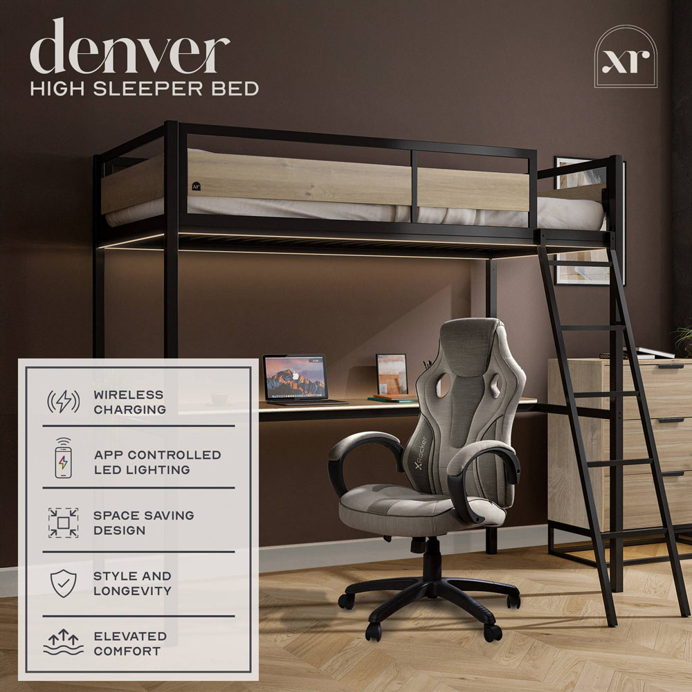 XR Living Denver Single Oak and Black High Sleeper with Storage and App Controlled LED Lights Image 2