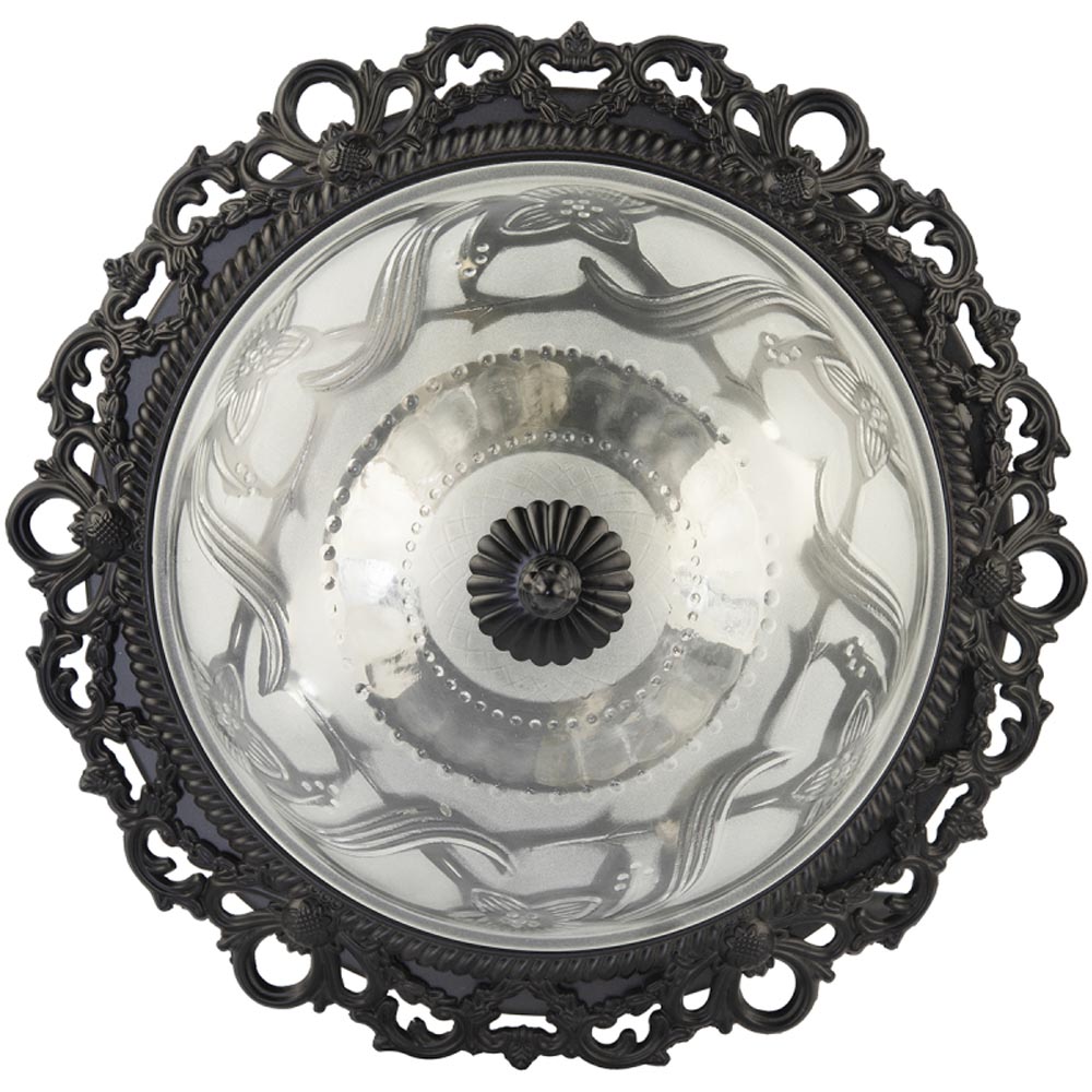 Happy Homewares Matt Black and Frosted Floral Glass Flush Ceiling Light Image 3
