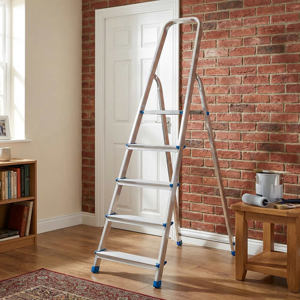Aluminium 5 Step Single Sided Ladder with Pail Shelf Image 6