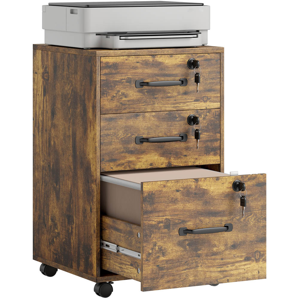 Portland 3 Drawer Brown Mobile Lockable Filing Cabinet with Keys Image 2