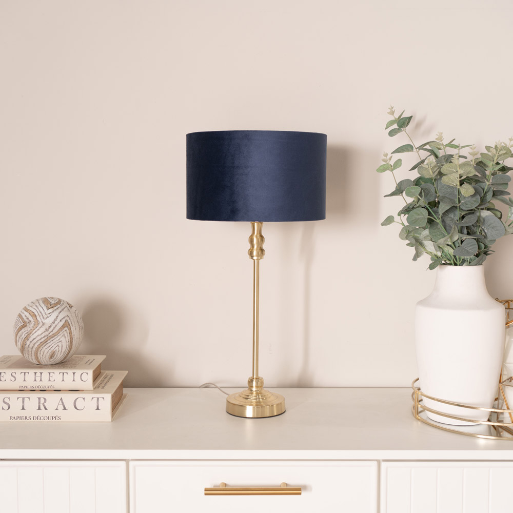 ValueLights Maggie Gold Candlestick LED Table Lamp with Navy Blue and Gold Velvet Lamp Shade Image 2