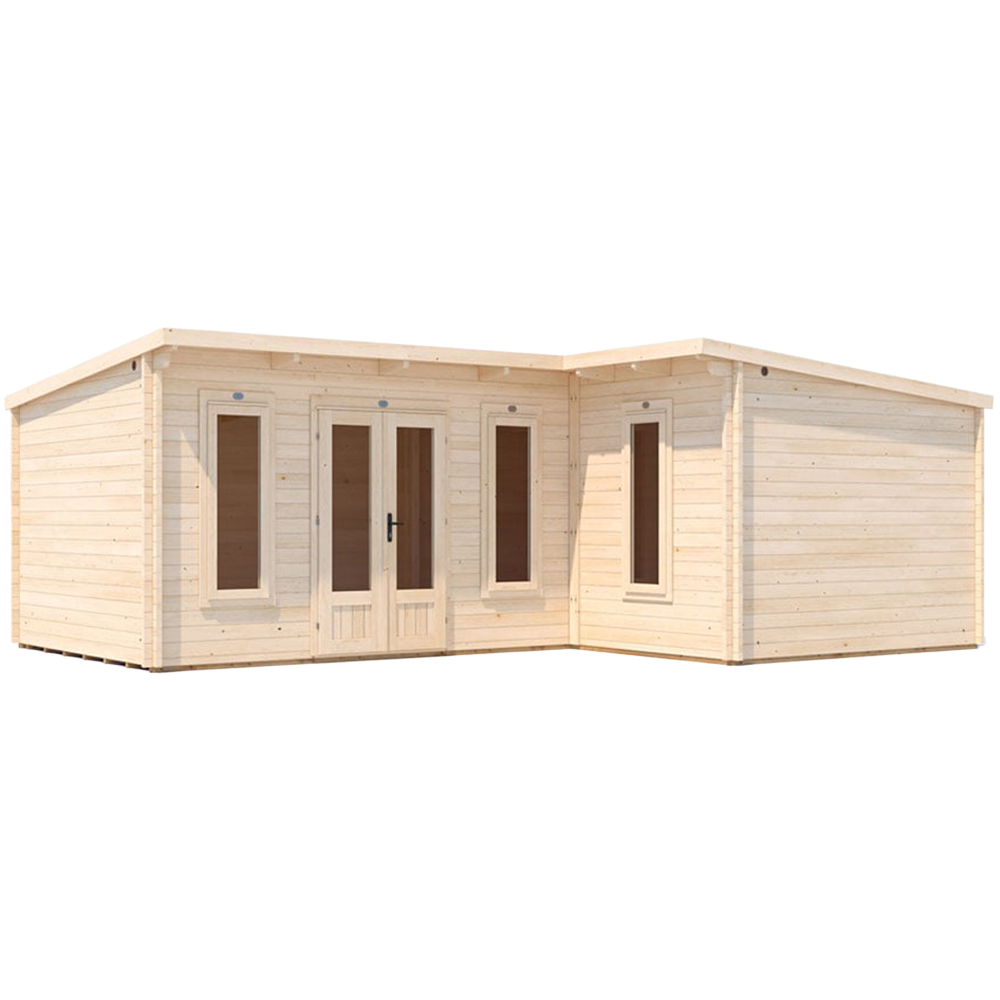 Dunster House HellWolf 23 x 16ft Brown L-Shaped Double Glazed Pent Garden Log Cabin Image 1