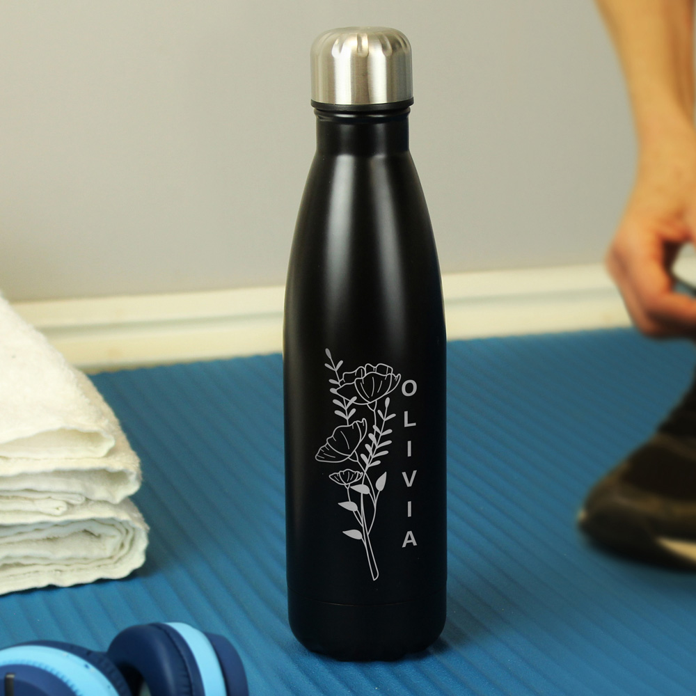Personalised Memento Floral Black Metal Insulated Drinks Bottle 500ml Image 2