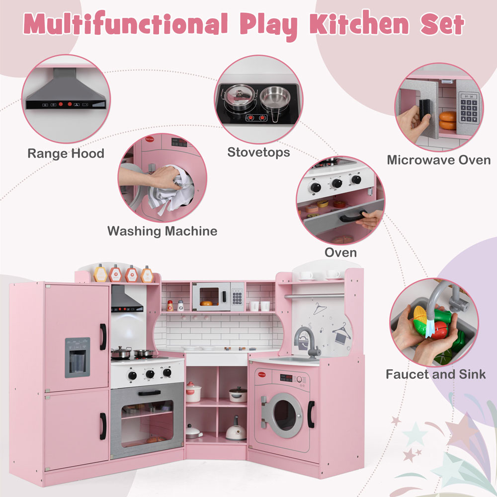 Costway Pink Wooden Corner Play Kitchen with Sounds and Lights Image 4