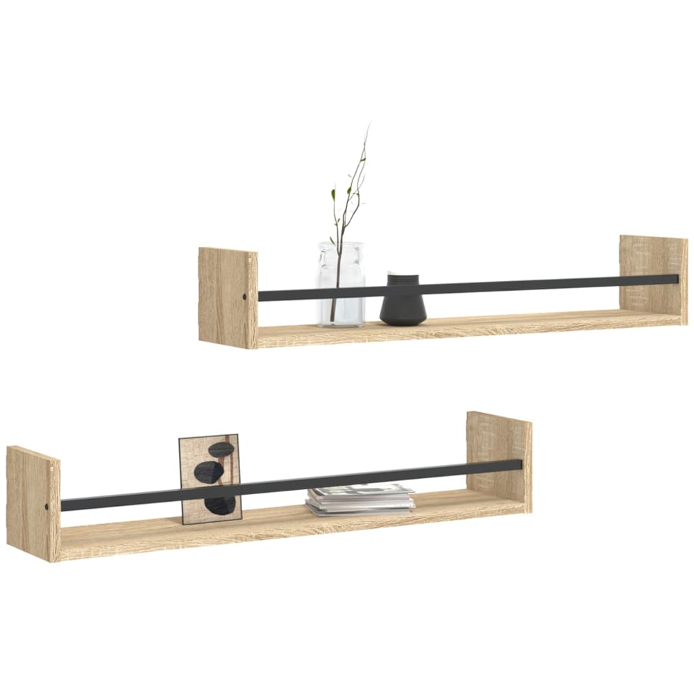 vidaXL 80 x 16 x 14cm Set of 2 Sonoma Oak Wall Shelf with Bars Image 2