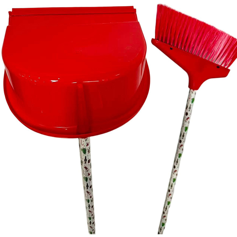 Christmas Long Handle Dustpan and Brush Red Image 2