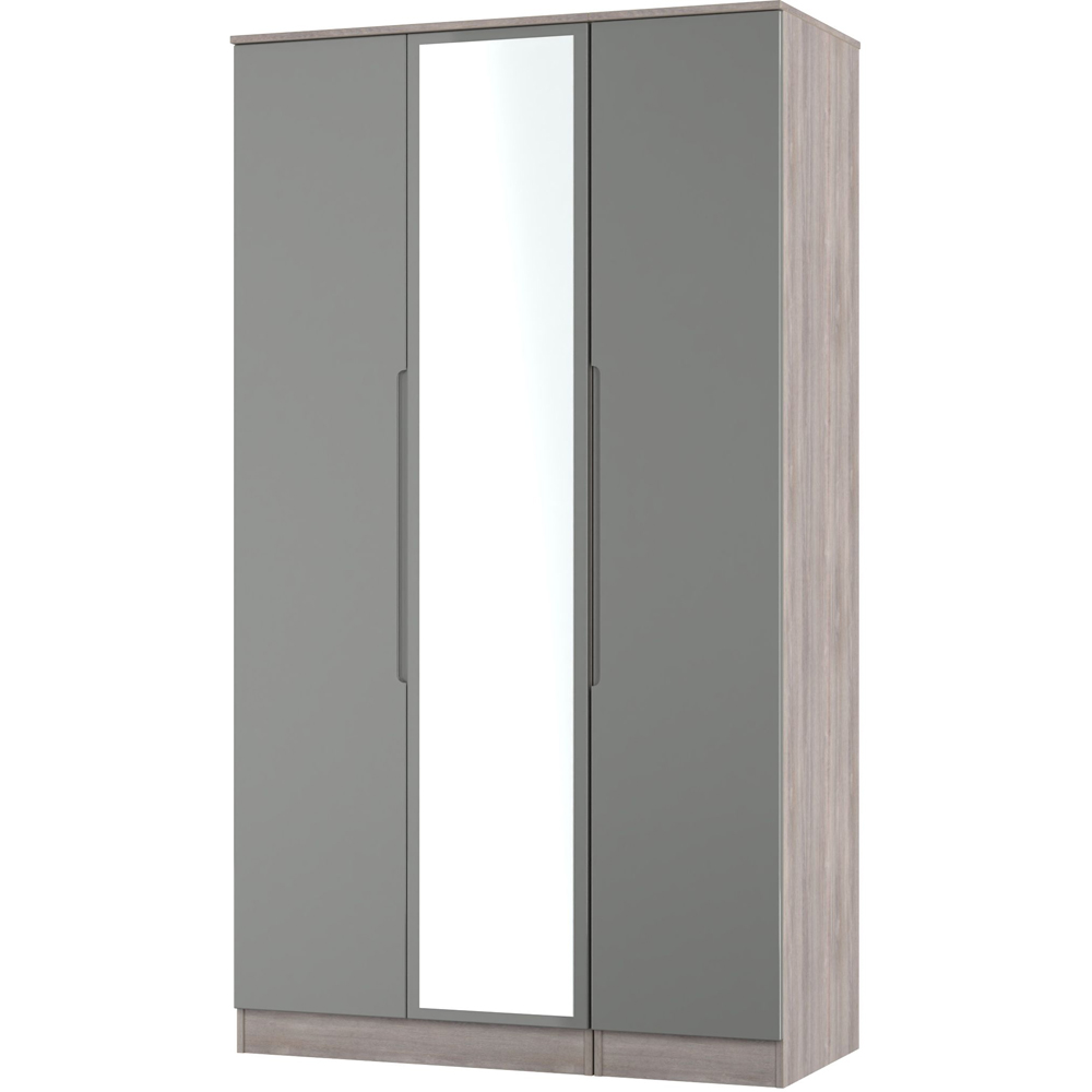 Crowndale Milan 3 Door Grey Gloss and Grey Oak Tall Mirrored Wardrobe Ready Assembled Image 2