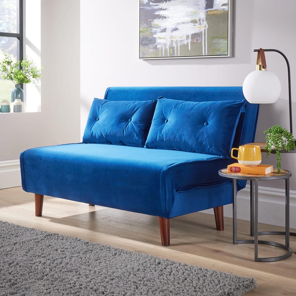 Home Source Morella 2 Seater Blue Velvet Folding Sofa Bed with Pillow Image 7