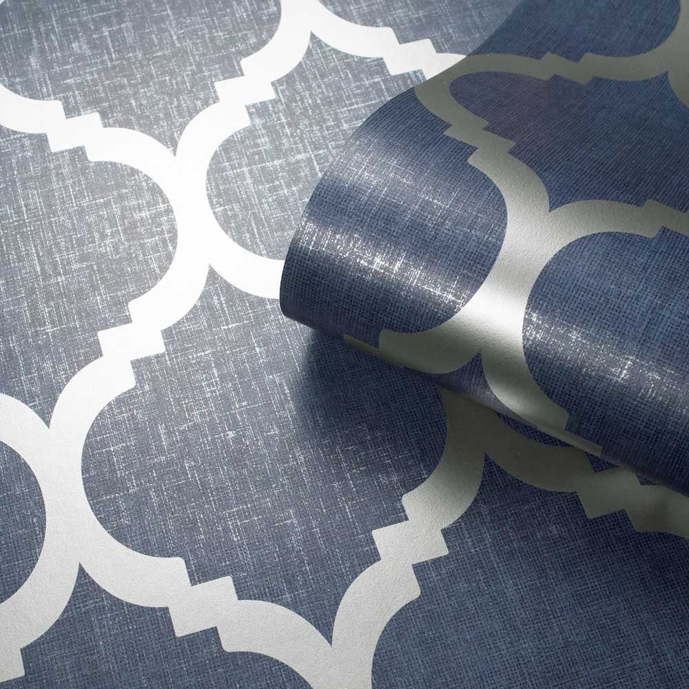 Darcy James Zara Trellis Blue and Silver Wallpaper Image 5