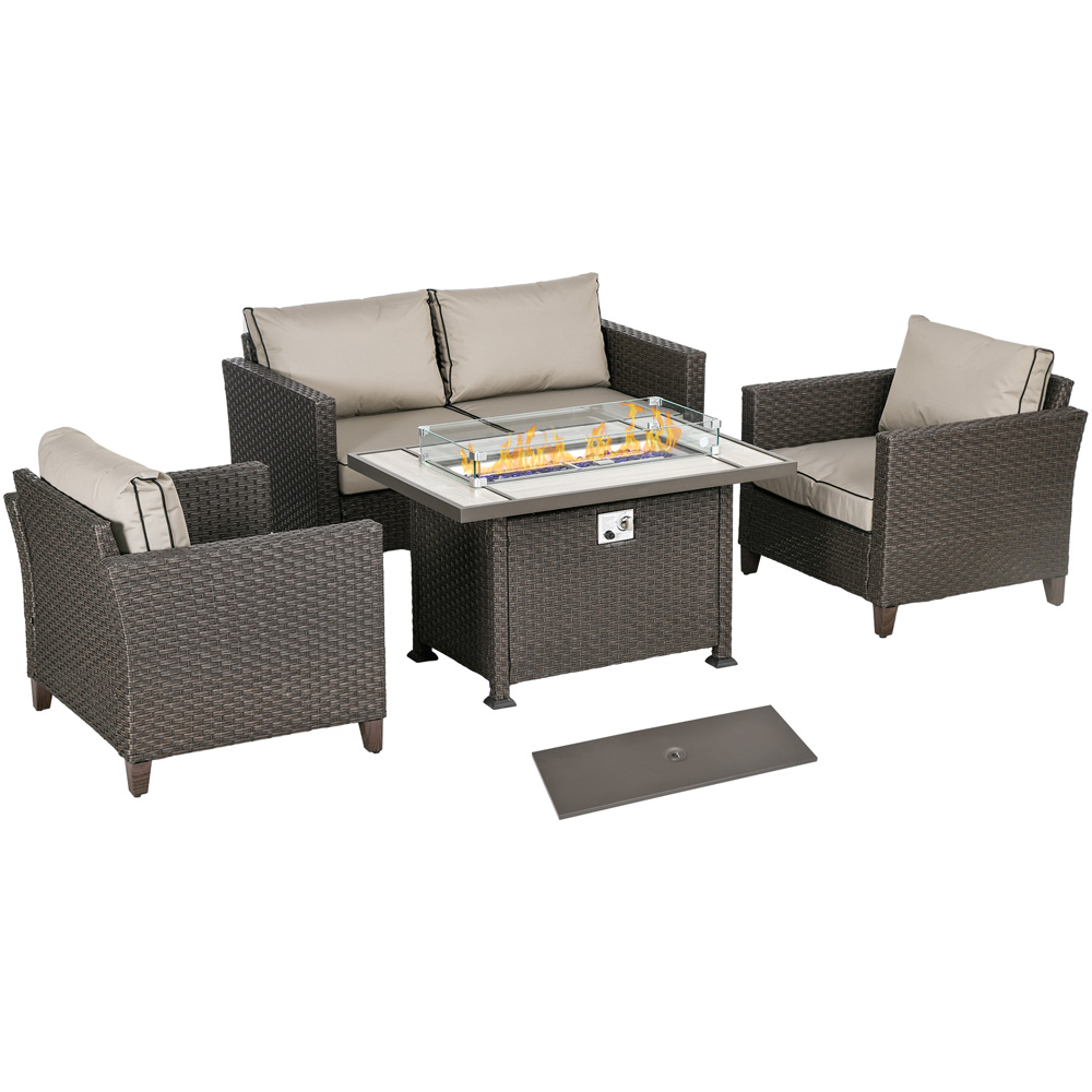 Outsunny 4 Seater Deep Brown Rattan Patio Furniture Set with Gas Fire Pit Table Image 2