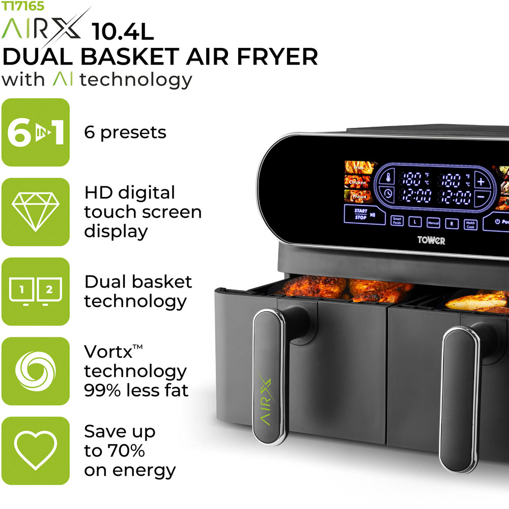 Tower AirX T17165 Grey Dual Basket Digital Air Fryer 10.4L Image 2