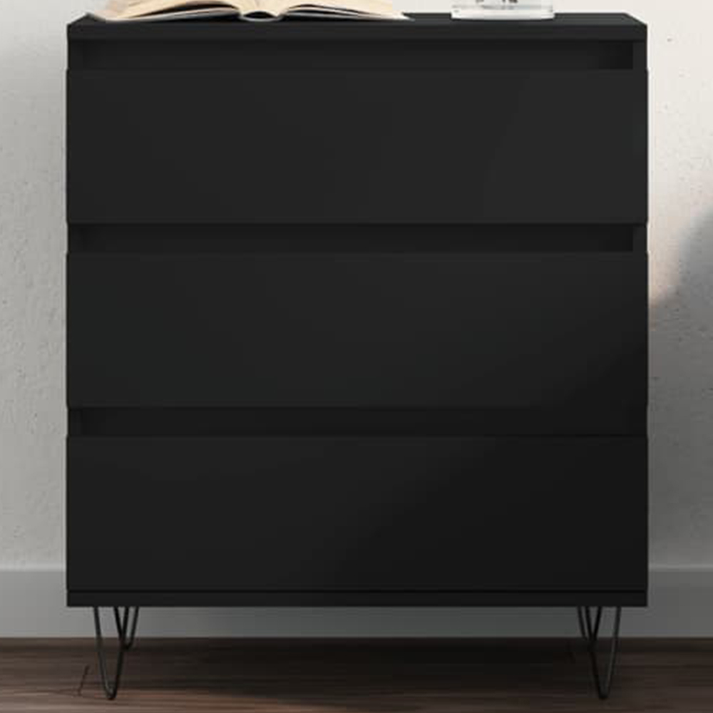 vidaXL 3 Drawer Black Wooden Sideboard with Metal Legs Image 1