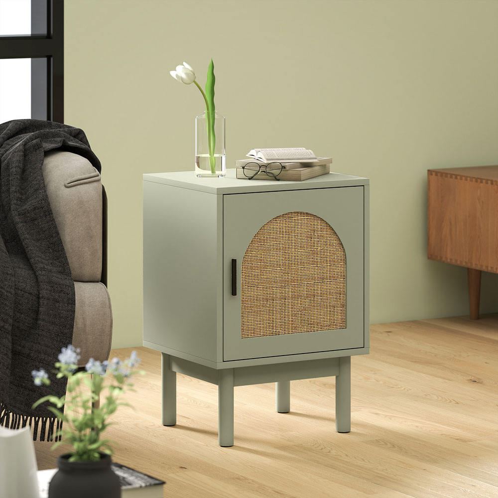 HOMCOM Boho Rattan Single Door Light Green Bedside Table Image 4