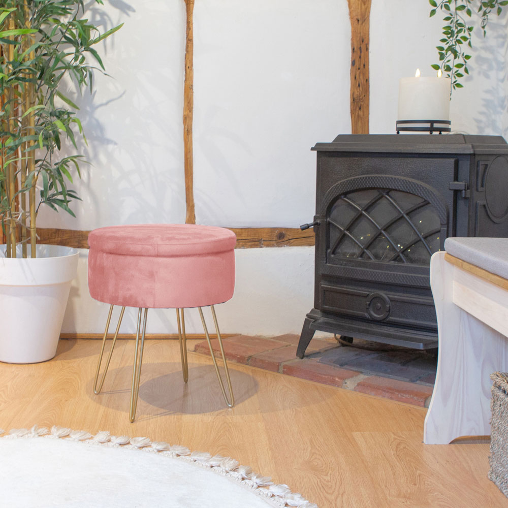 Harbour Housewares Pink and Gold Velvet Round Footstool with Storage Image 4